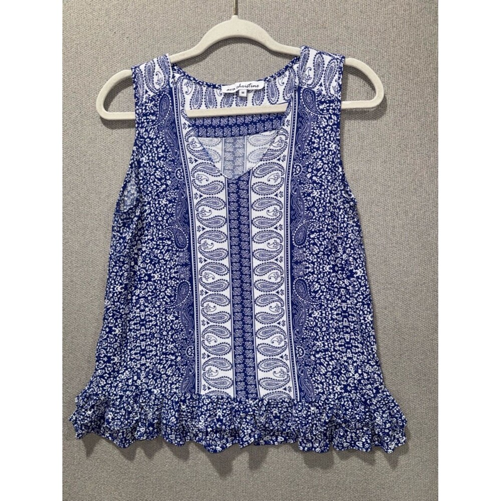 Ava Christine size medium Blue V Neck Ruffle Hem peasant Sleeveless Top